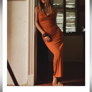 Zara Rust Orange Ruched Maxi Dress